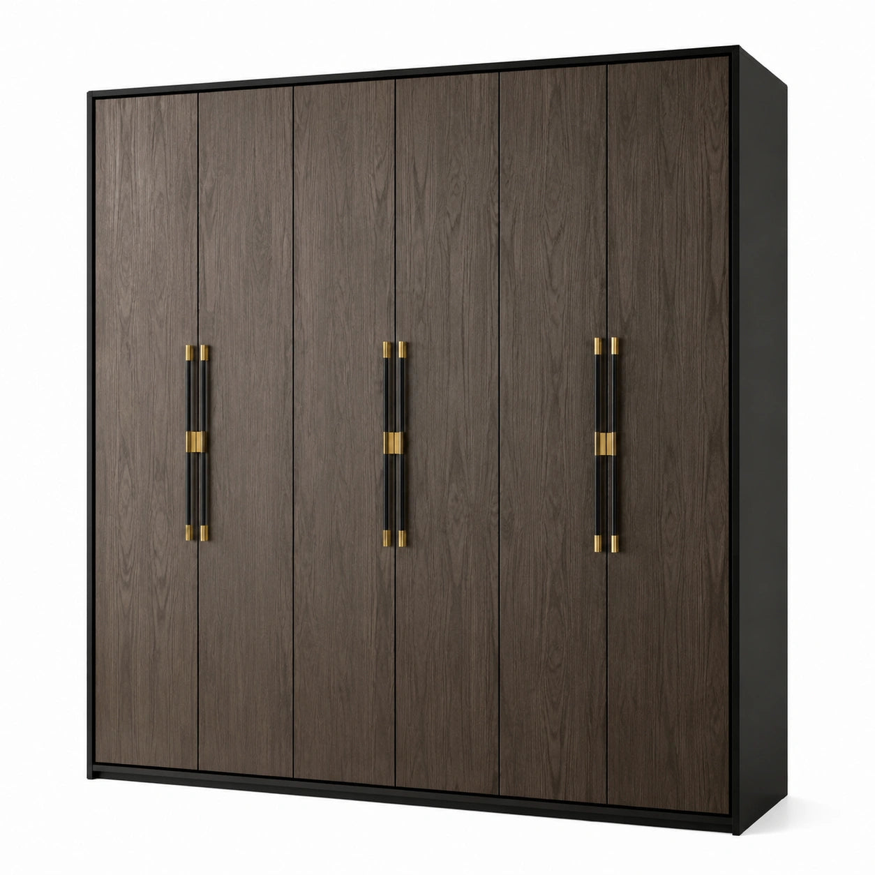 Armadio moderno a 6 ante, 240 × 60 × 220 cm, marrone scuro, nero e oro
