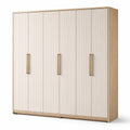 Armadio a 6 ante scanalate con maniglie dorate, 240 × 55 × 220 cm, beige e rovere naturale