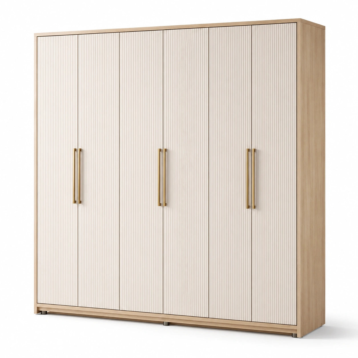 Armadio a 6 ante scanalate con maniglie dorate, 240 × 55 × 220 cm, beige e rovere naturale