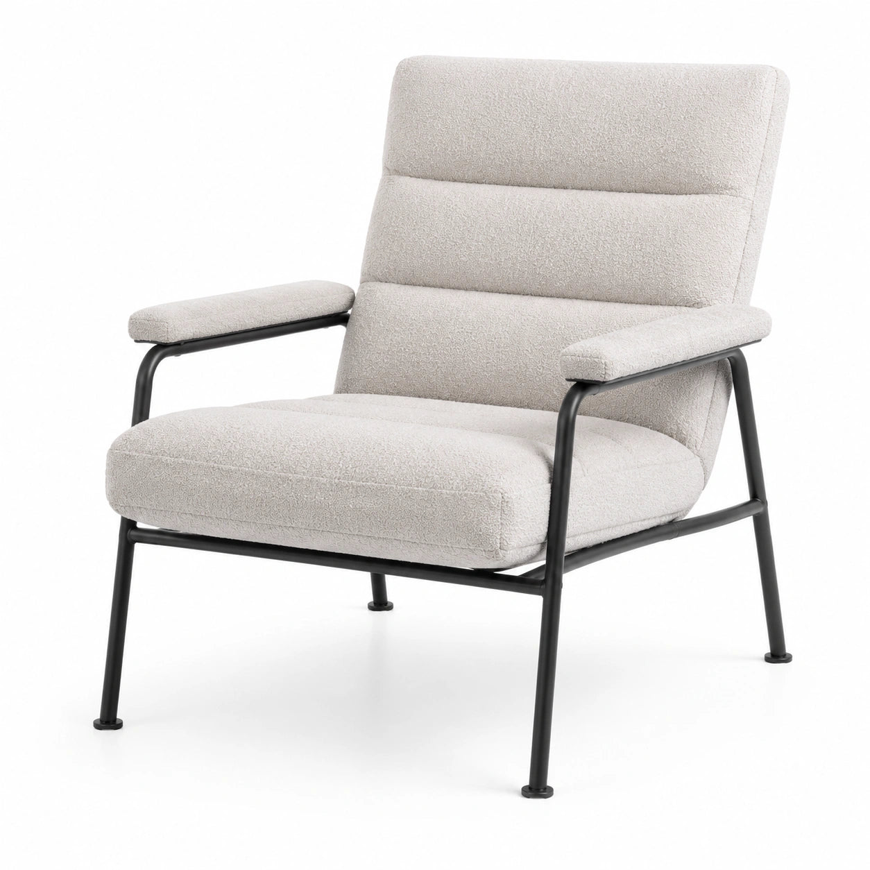 Poltrona moderna con braccioli in tessuto bouclé bianco crema e metallo nero, 75 × 80 × 94 cm