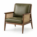 Poltrona in legno con rivestimento verde oliva e inserti in rattan, 72 × 78 × 86 cm