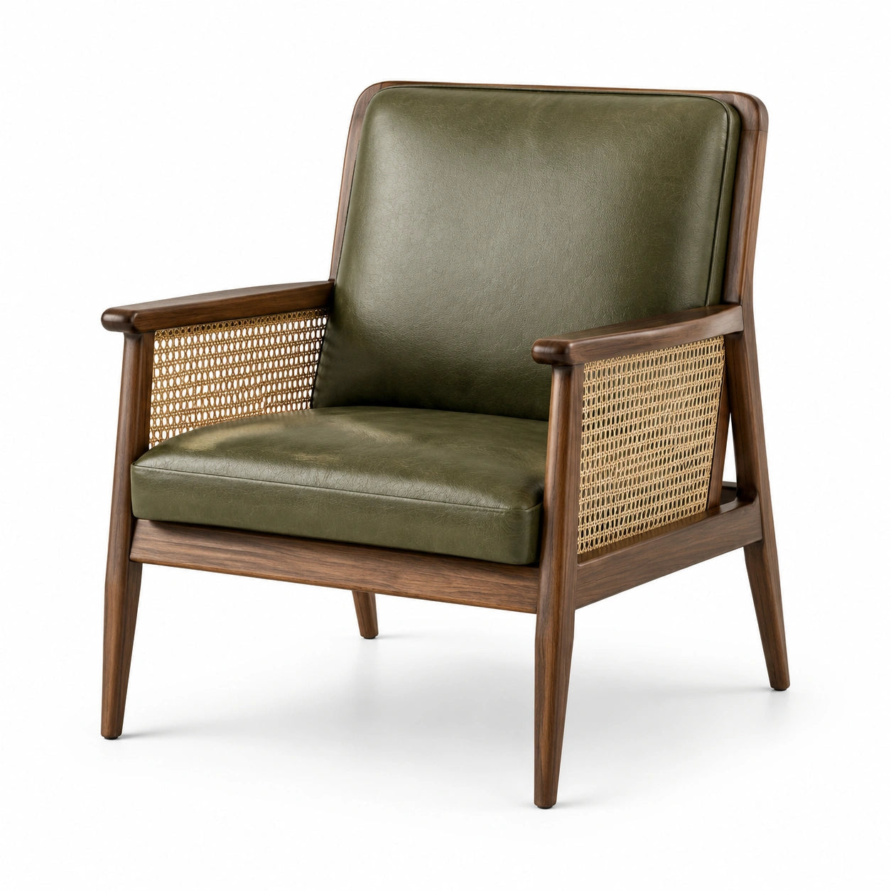 Poltrona in legno con rivestimento verde oliva e inserti in rattan, 72 × 78 × 86 cm