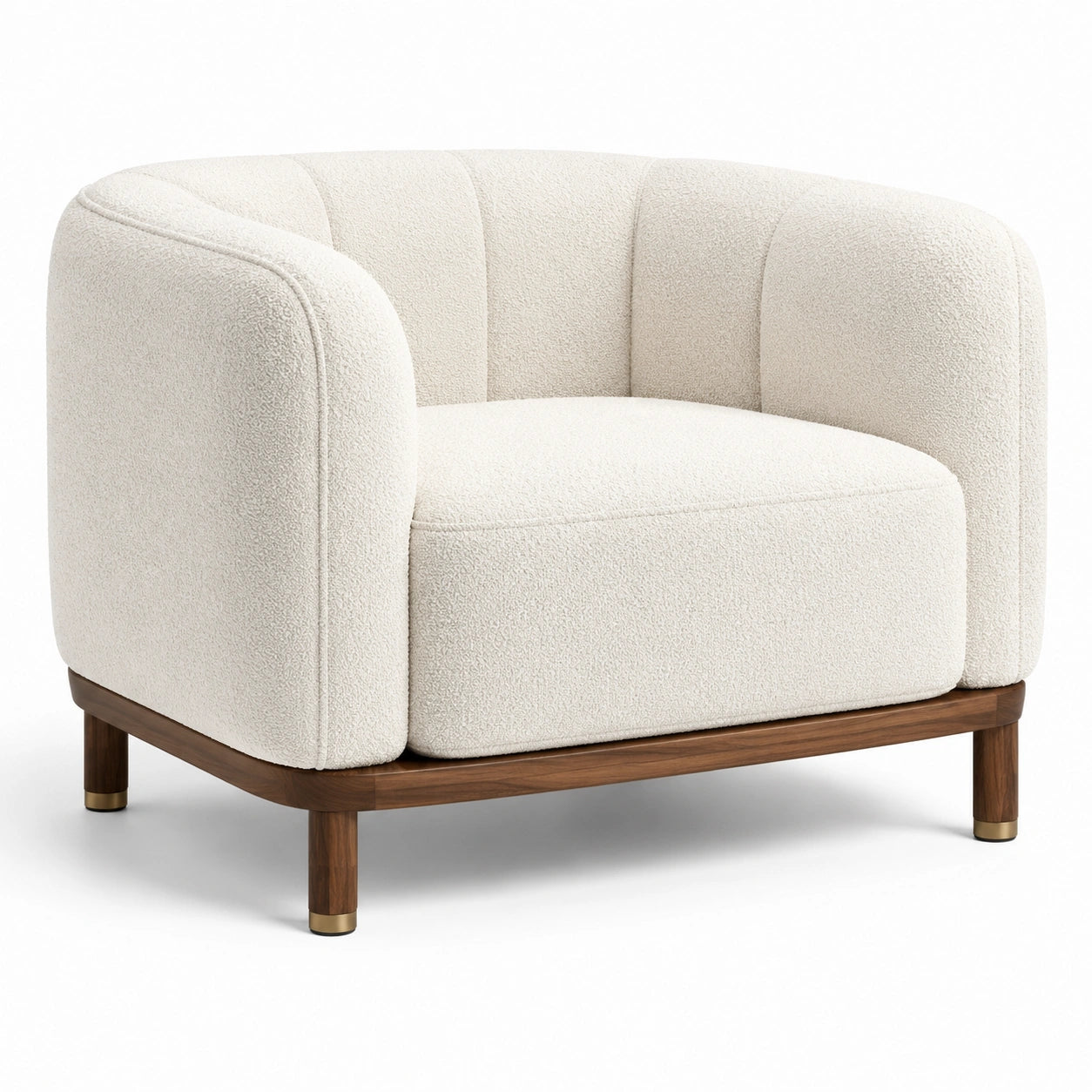Poltrona moderna avvolgente in bouclé bianco crema, 110 × 95 × 78 cm, base effetto noce