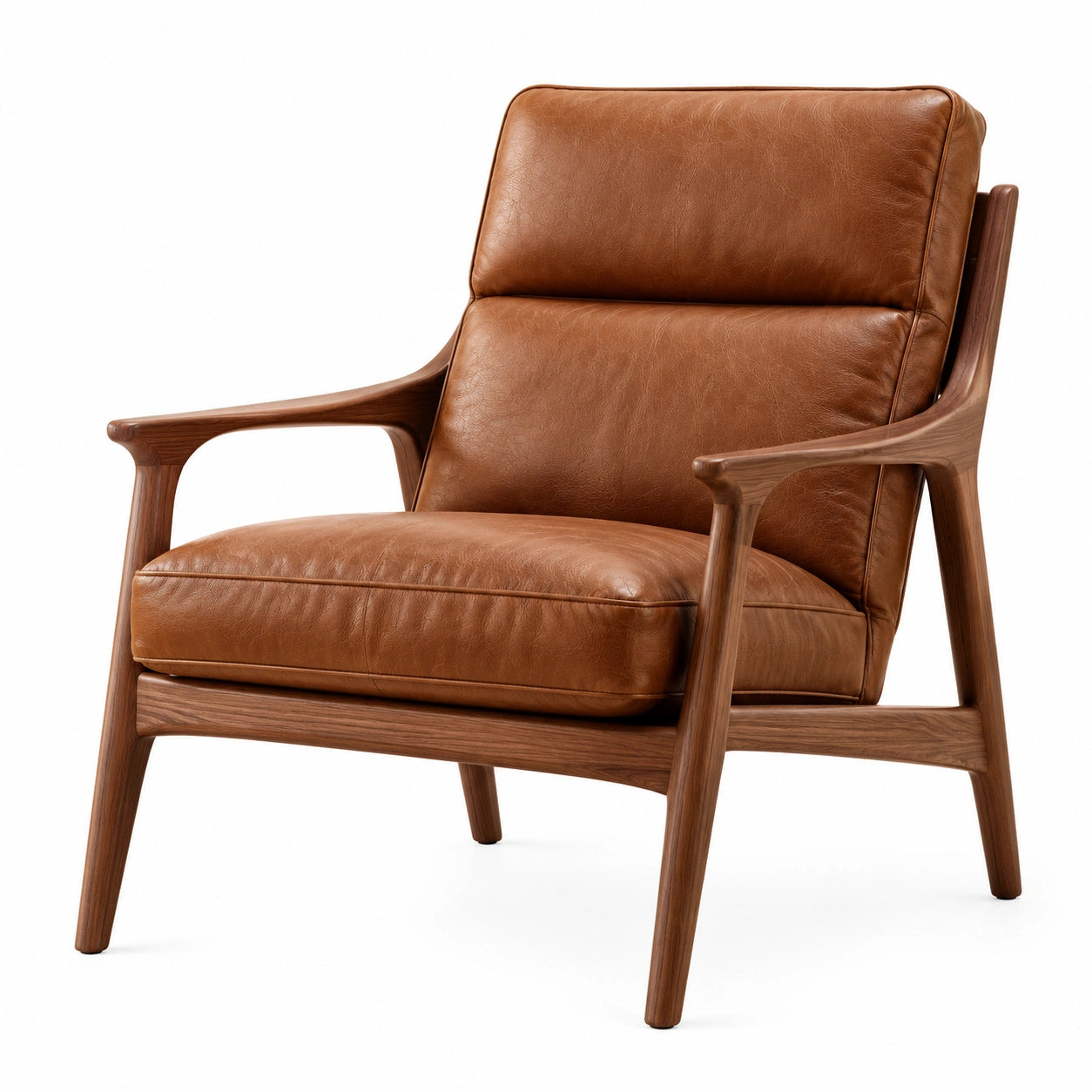 Poltrona moderna in legno con rivestimento effetto pelle cognac, 76 × 84 × 88 cm