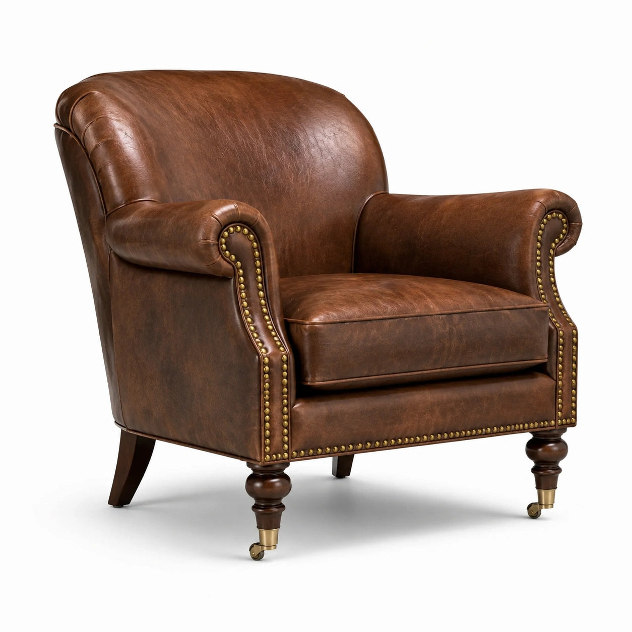 Poltrona classica in similpelle marrone con dettagli color ottone, 98 × 88 × 94 cm