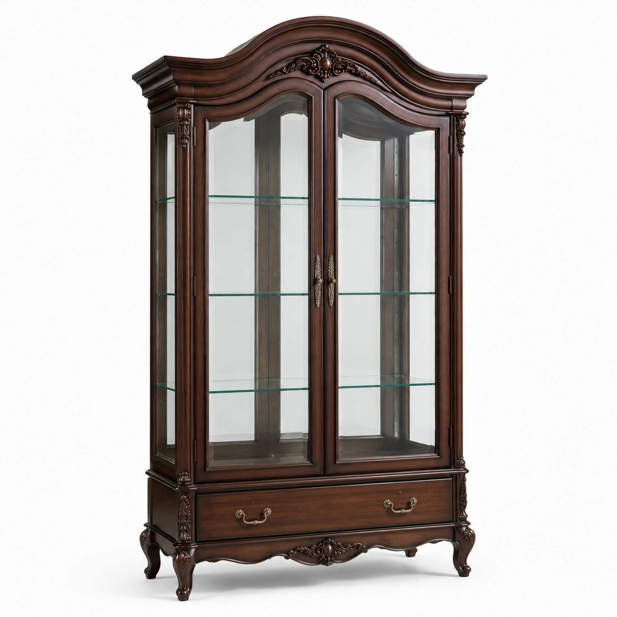 Vetrina classica in legno marrone scuro e vetro, 120 × 45 × 210 cm, con 2 ante, 3 ripiani e 1 cassetto