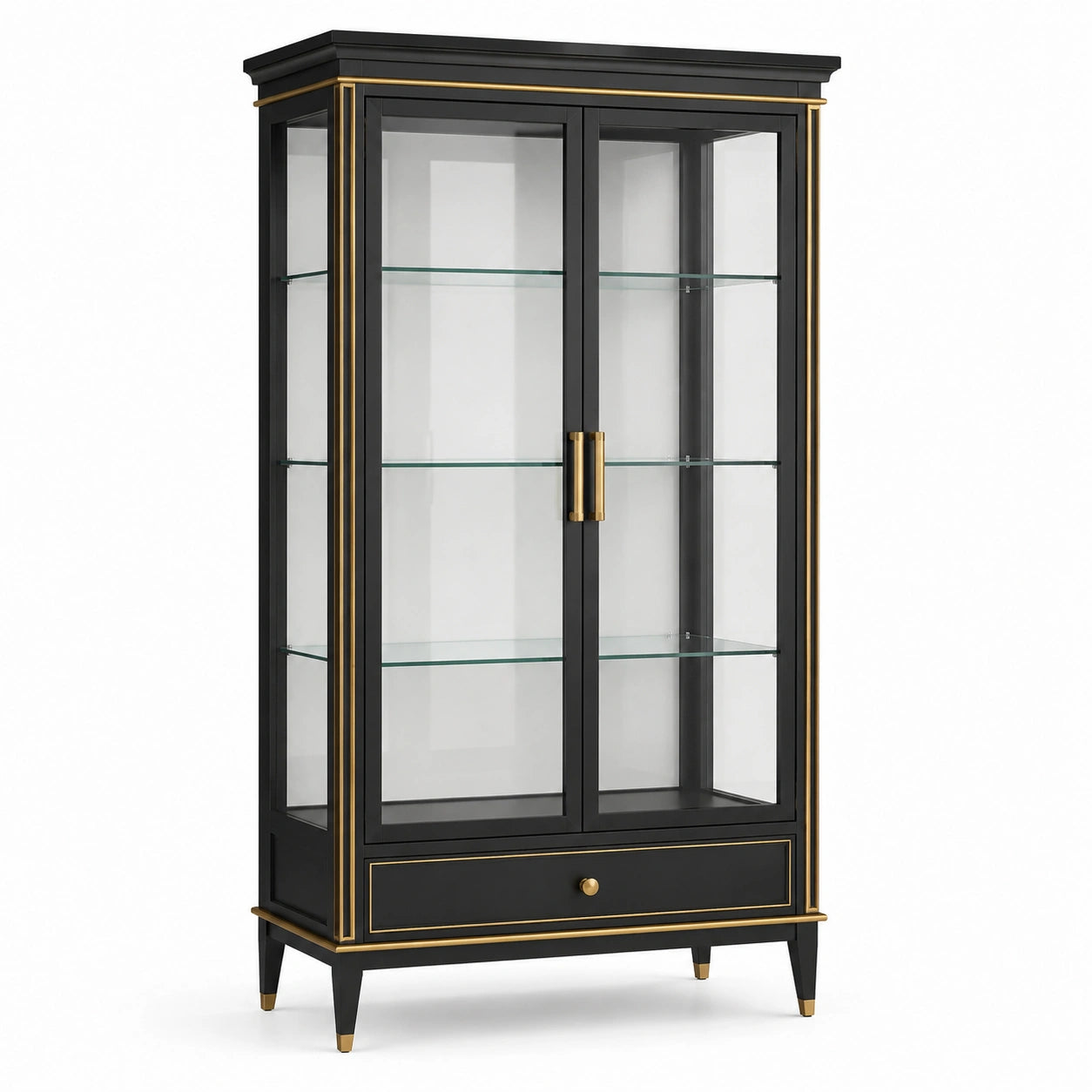 Vetrina classica a 2 ante con 3 ripiani in vetro e cassetto, nero, oro e trasparente, 100 × 40 × 190 cm