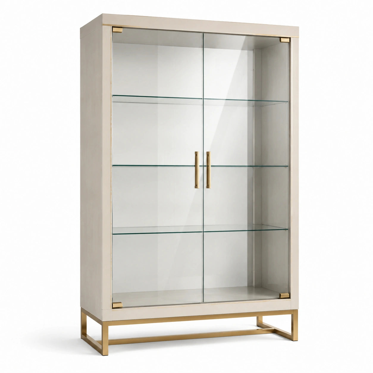 Vetrina moderna con 2 ante e 3 ripiani in vetro, bianca, oro e trasparente, 100 × 40 × 180 cm