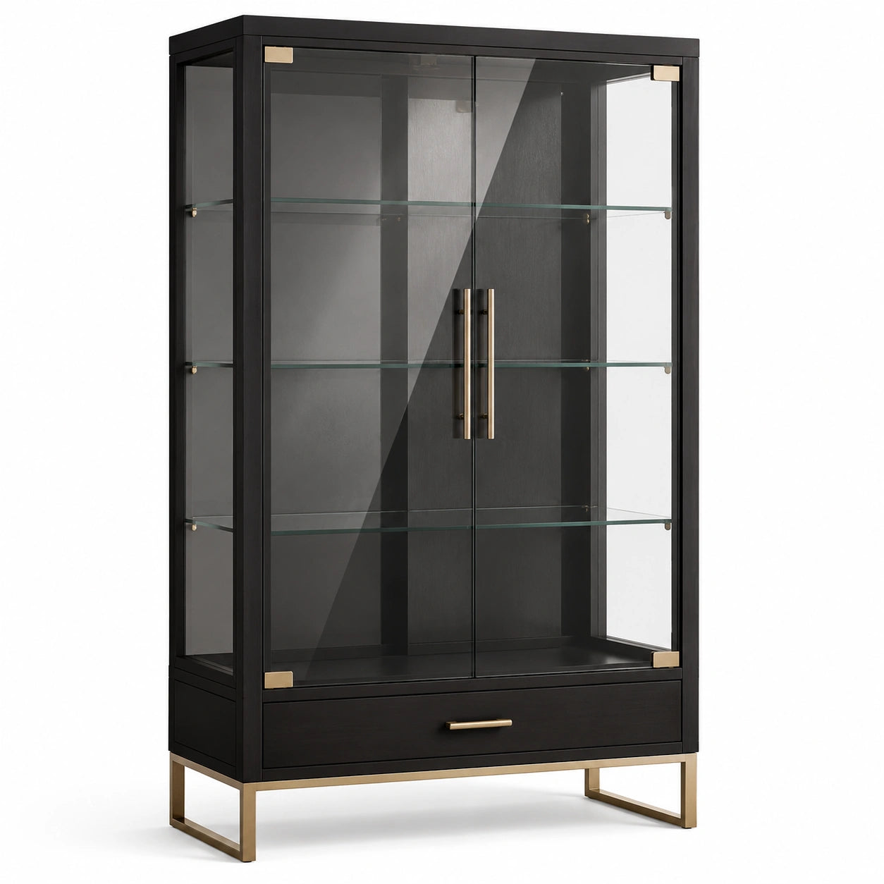 Vetrina espositiva moderna nera e dorata 90 × 40 × 180 cm con 2 ante in vetro, 3 ripiani e 1 cassetto