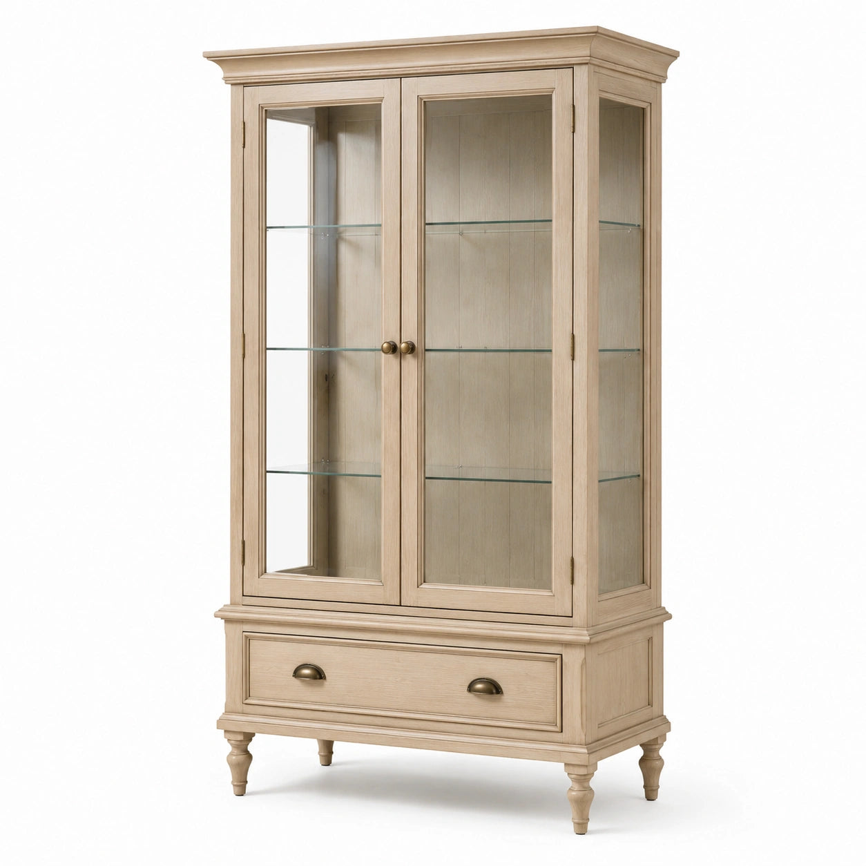 Vetrina classica beige effetto legno e vetro con dettagli bronzo, 2 ante, 3 ripiani e 1 cassetto, 100 × 42 × 190 cm