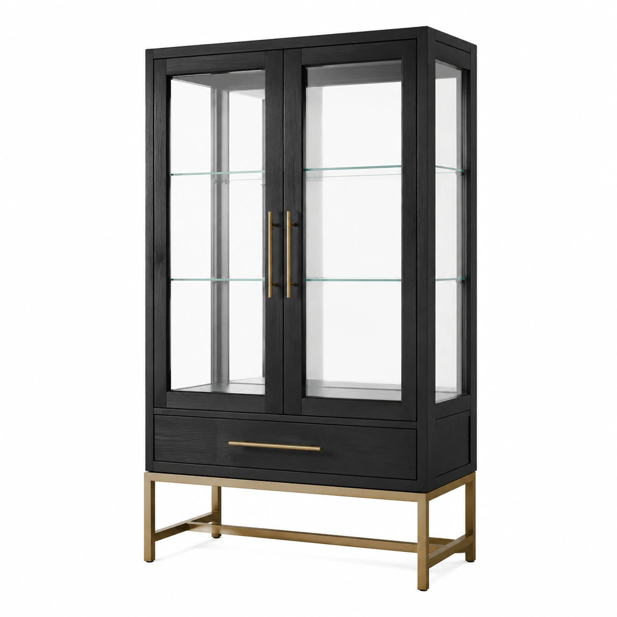 Vetrina espositiva nera e oro 100 × 42 × 180 cm con 2 ante in vetro, 2 ripiani e 1 cassetto