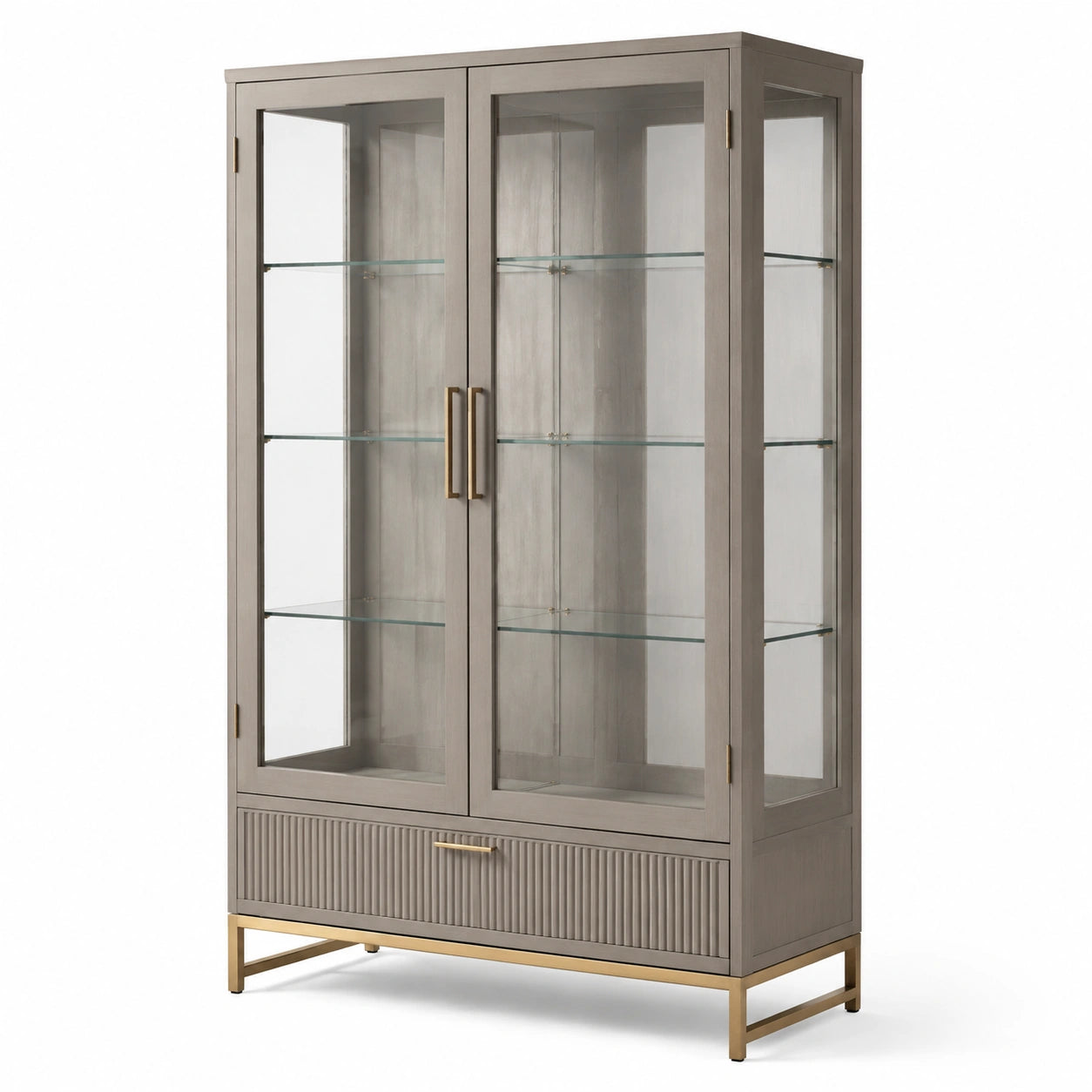 Vetrina contemporanea tortora e oro con 2 ante in vetro, 3 ripiani e 1 cassetto, 100 × 40 × 190 cm