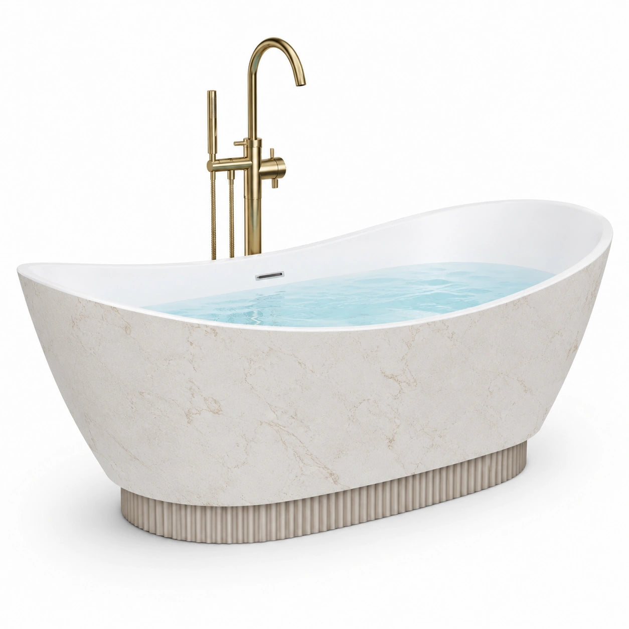 Vasca da bagno freestanding ovale 170 × 80 × 60 cm bianca e beige effetto marmo