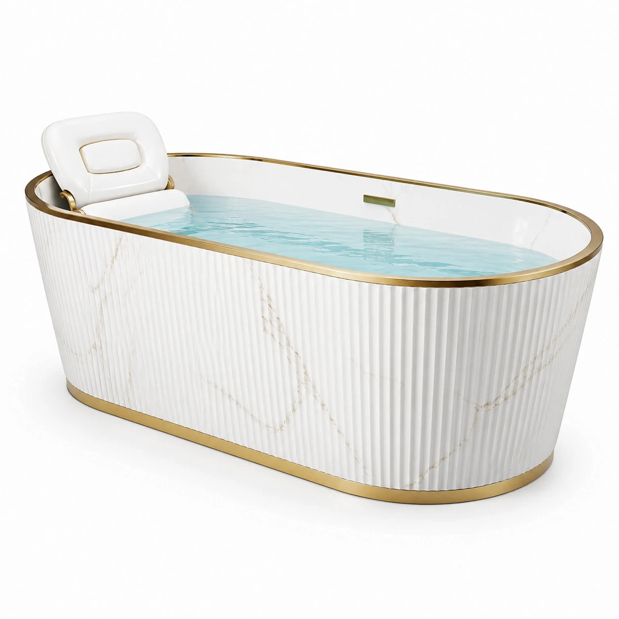 Vasca da bagno ovale a libera installazione 180 × 85 × 75 cm, bianca effetto marmo con finiture dorate e schienale