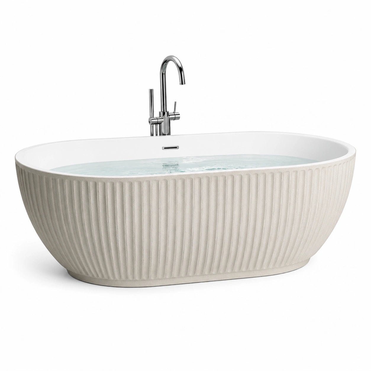 Vasca da bagno freestanding in composito minerale Bianco e Beige chiaro, 170 × 80 × 58 cm, finitura esterna scanalata