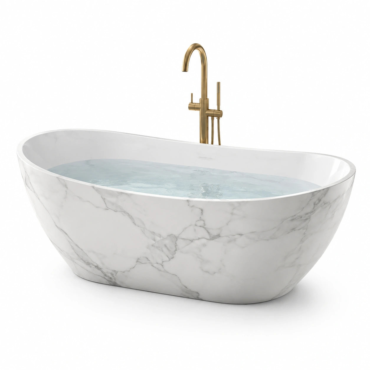 Vasca da bagno freestanding ovale in acrilico bianco effetto marmo con venature grigie, 170 × 80 × 58 cm