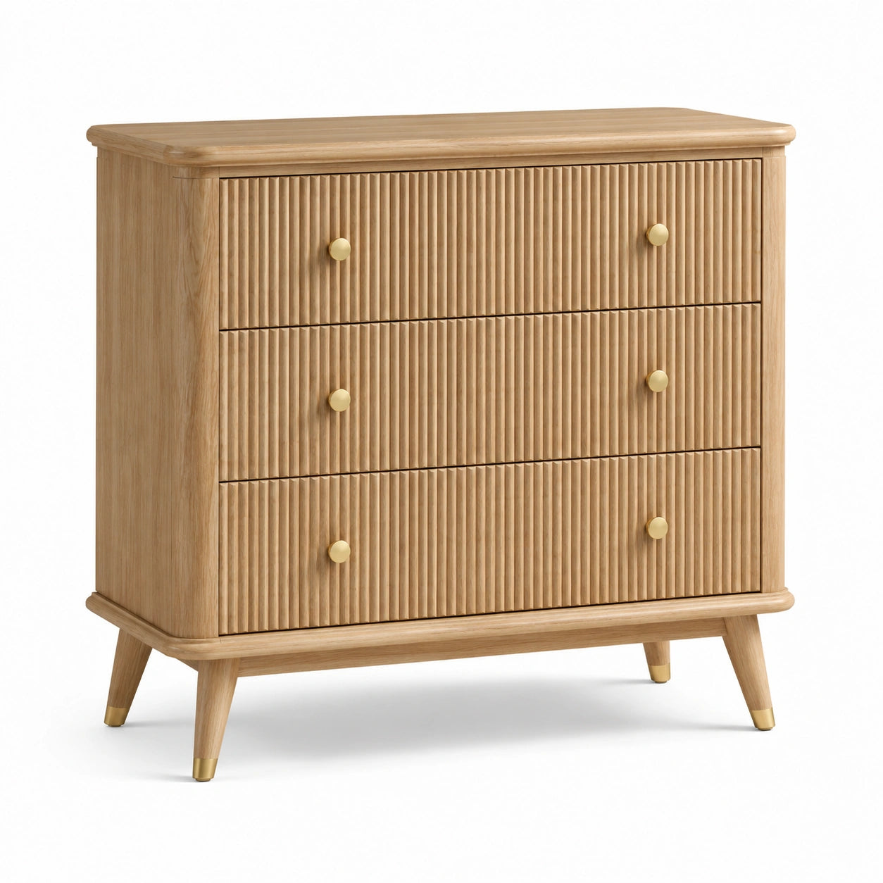Cassettiera effetto rovere con 3 cassetti scanalati e dettagli dorati, 90 × 42 × 90 cm