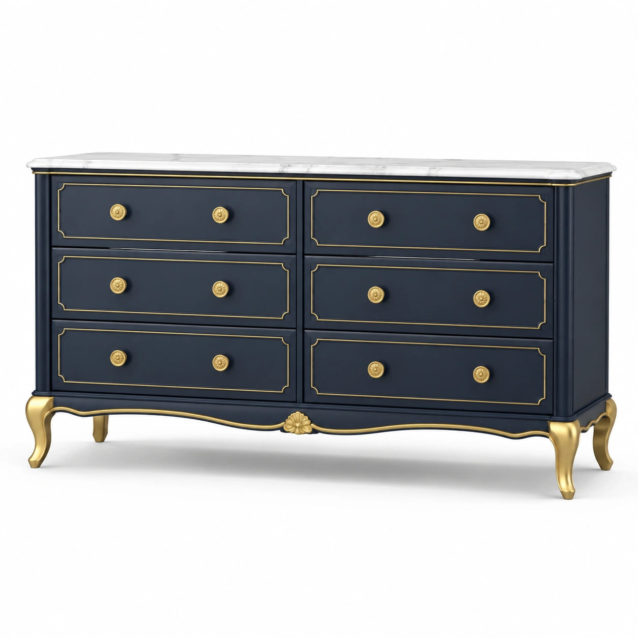 Cassettiera in legno a 6 cassetti blu scuro con dettagli dorati e piano bianco effetto marmo, 150 × 45 × 85 cm