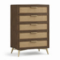 Cassettiera alta a 5 cassetti in legno e rattan, marrone, beige e oro, 85 × 42 × 125 cm
