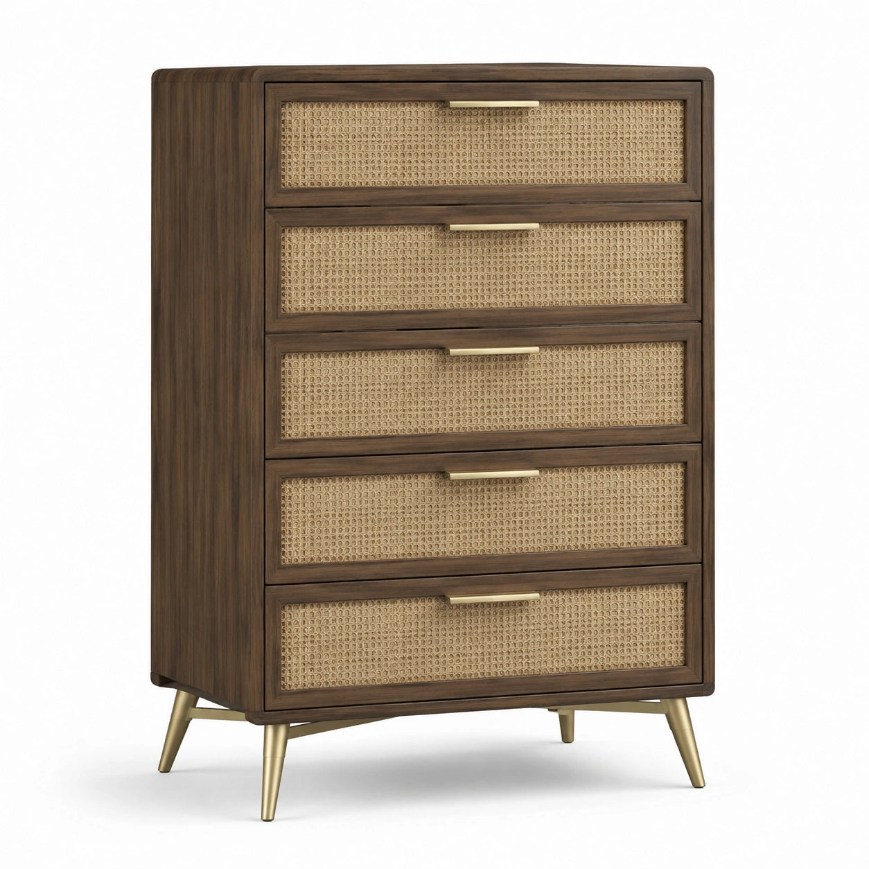 Cassettiera alta a 5 cassetti in legno e rattan, marrone, beige e oro, 85 × 42 × 125 cm