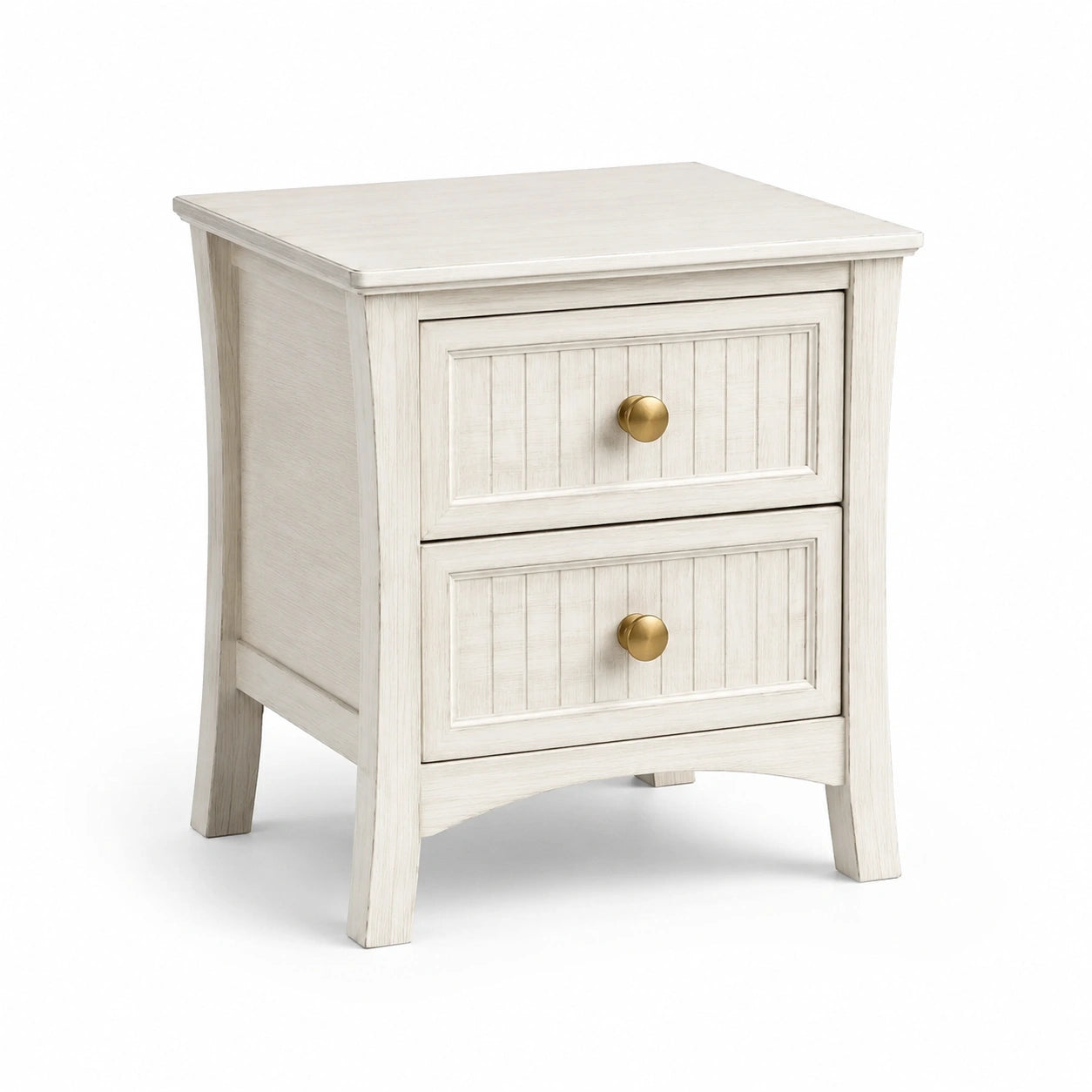 Comodino in legno bianco con 2 cassetti e pomelli dorati, 45 × 40 × 60 cm, stile rustico