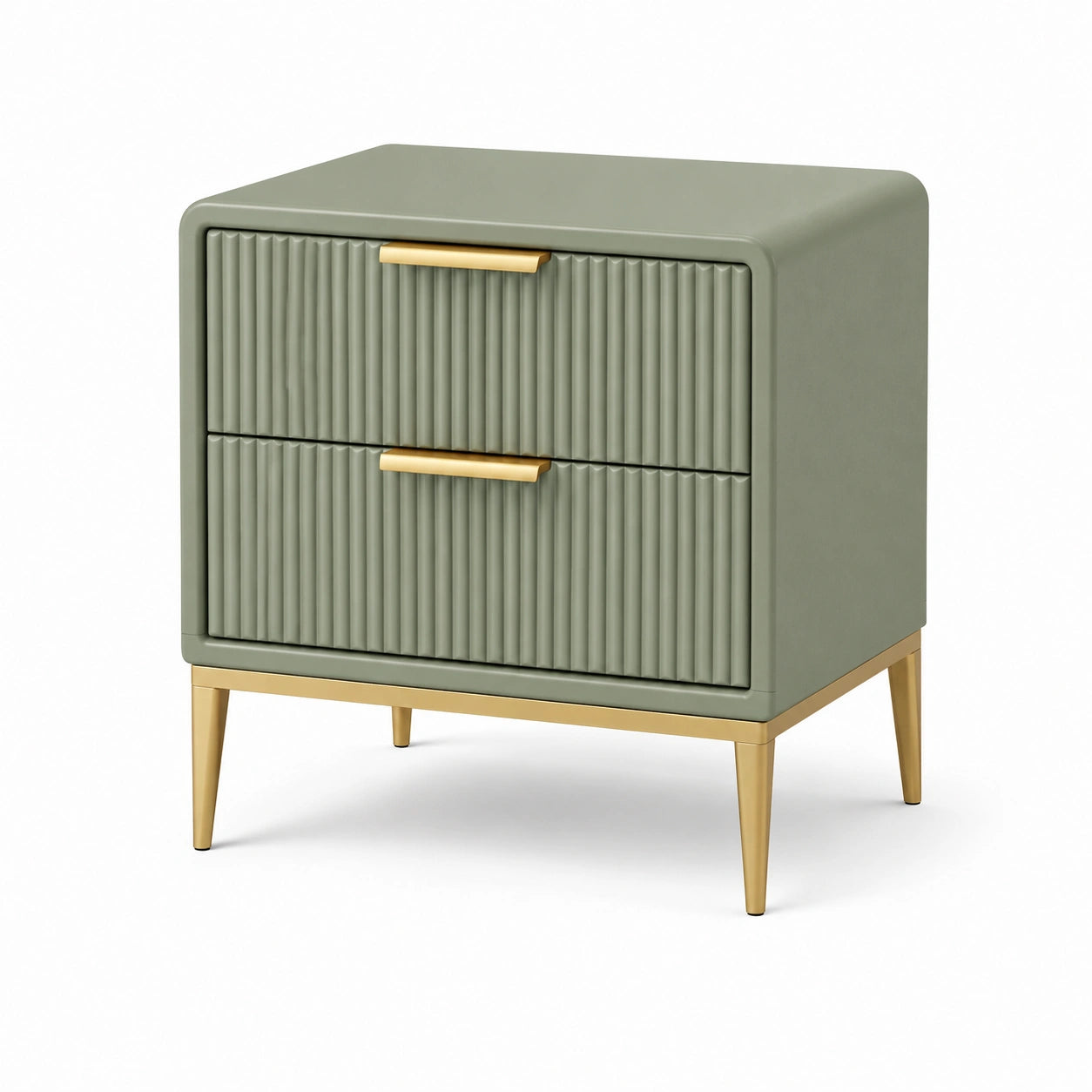 Comodino moderno con 2 cassetti, verde salvia e oro, 60 × 40 × 65 cm, in legno ingegnerizzato e metallo