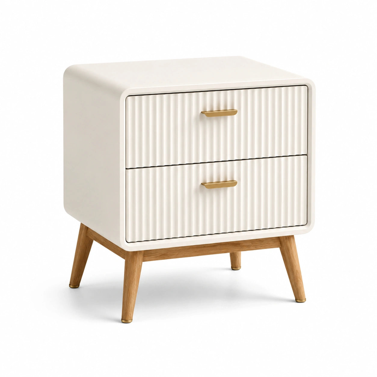 Comodino moderno bianco 50 × 40 × 60 cm con 2 cassetti, gambe in legno naturale e maniglie dorate