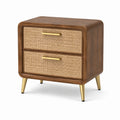 Comodino in legno e rattan con 2 cassetti, marrone, naturale e dorato, 60 × 40 × 61 cm, stile rétro