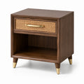 Comodino in legno marrone 50 × 40 × 60 cm con cassetto in rattan e vano aperto, stile rétro