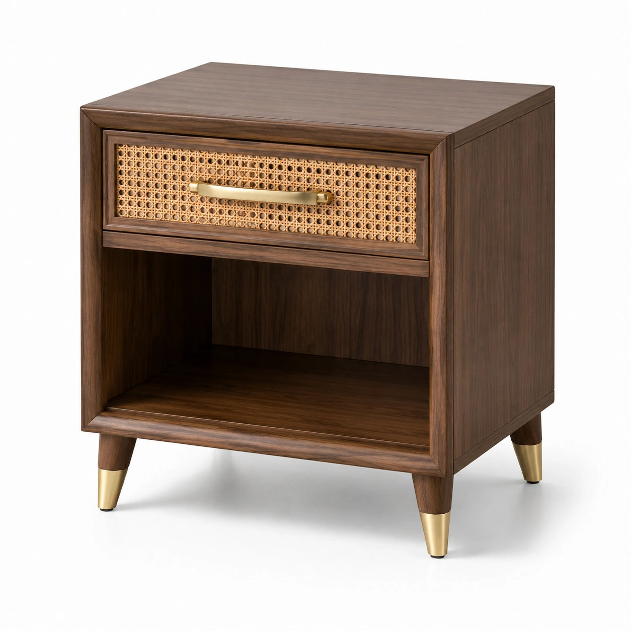 Comodino in legno marrone 50 × 40 × 60 cm con cassetto in rattan e vano aperto, stile rétro