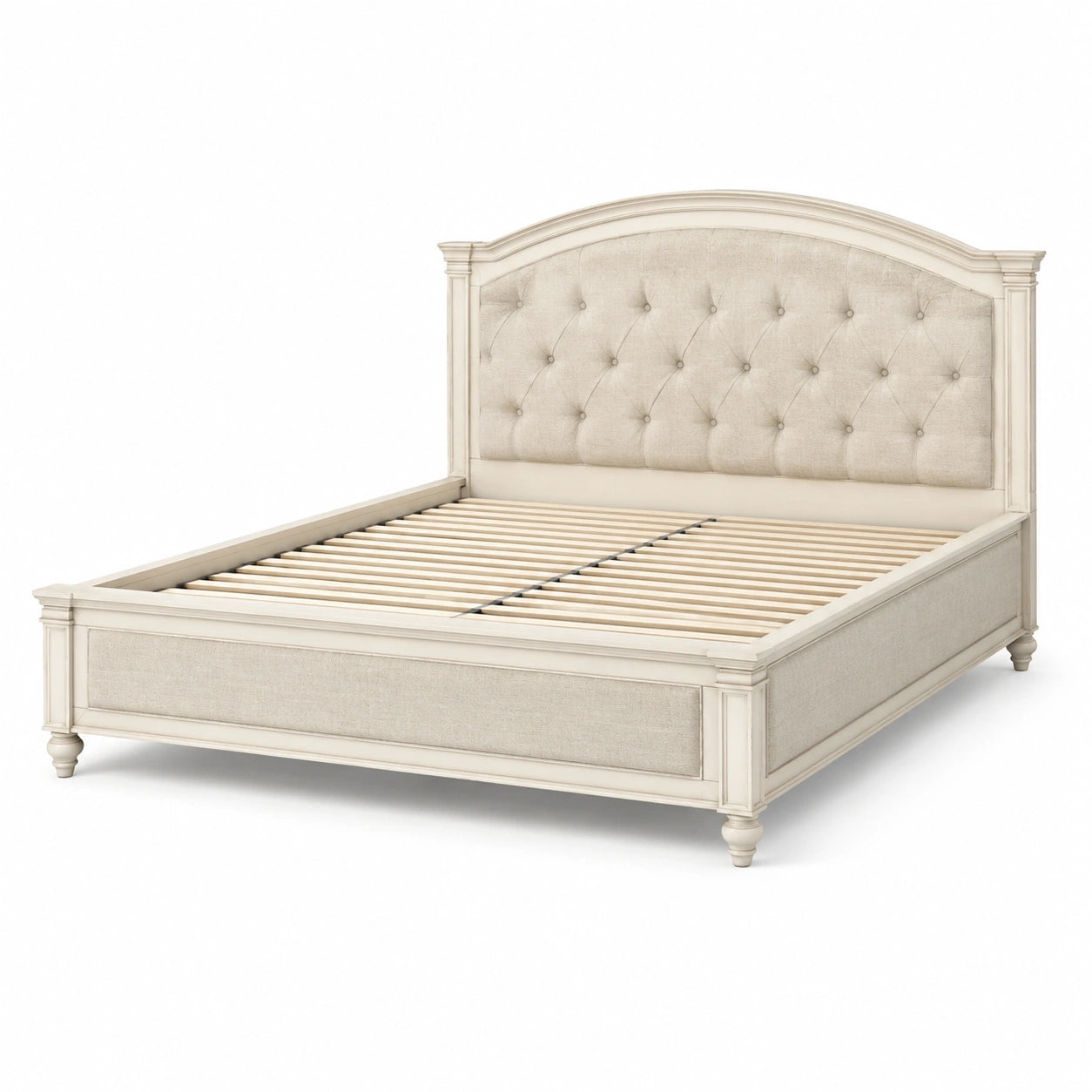 Letto matrimoniale in legno e tessuto avorio e beige con testiera capitonné, 205 × 220 × 145 cm