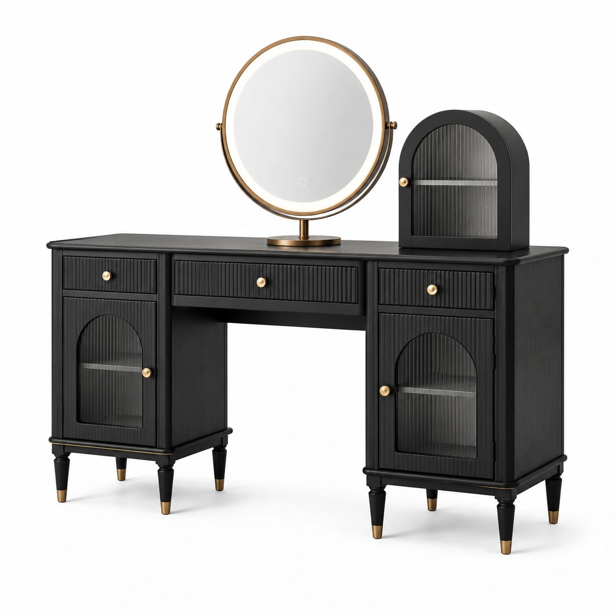 Set da toeletta nero e oro 120 × 50 × 145 cm con specchio illuminato, 3 cassetti e vani portaoggetti