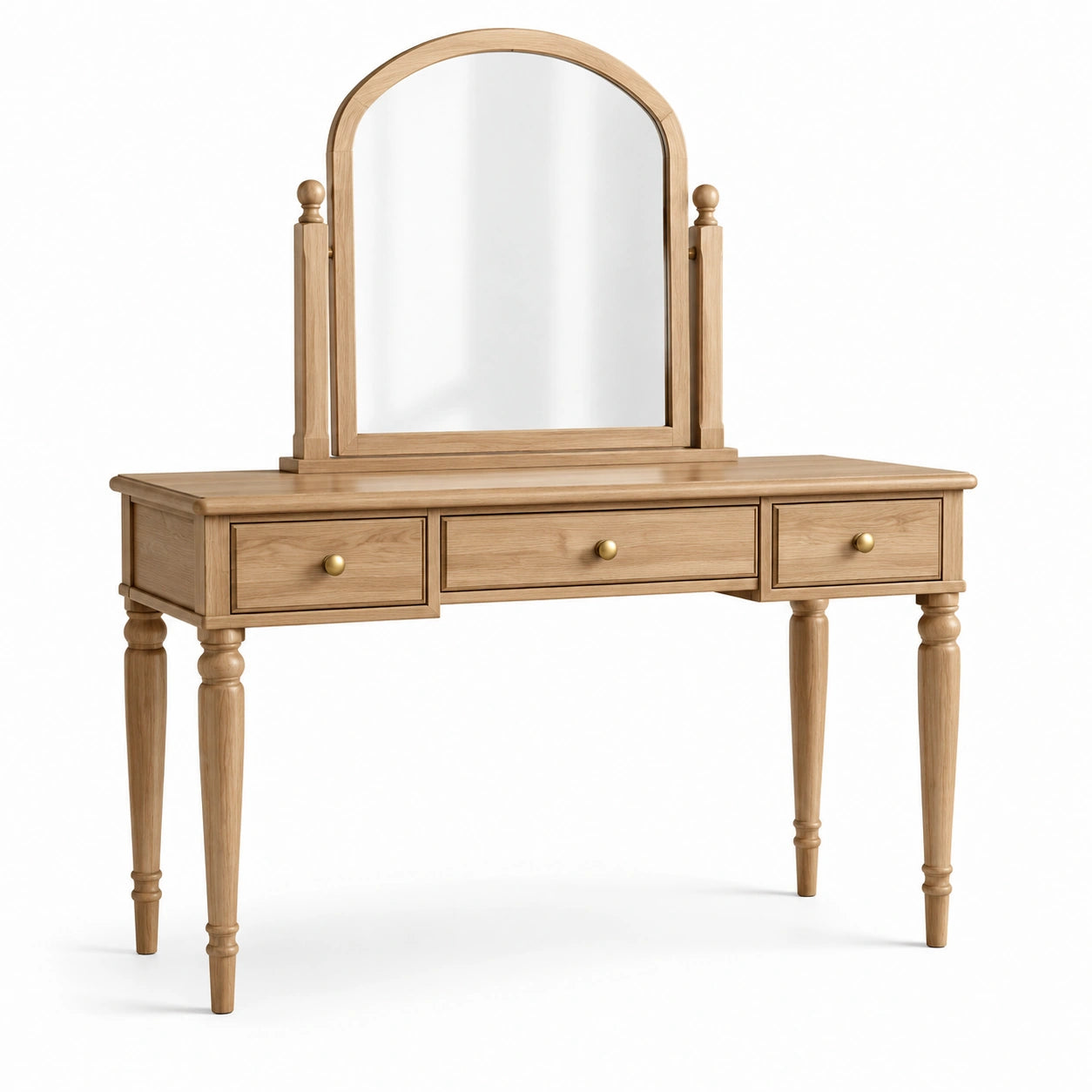 Toeletta in legno naturale con specchio ad arco e 3 cassetti, dettagli oro, 120 × 45 × 145 cm