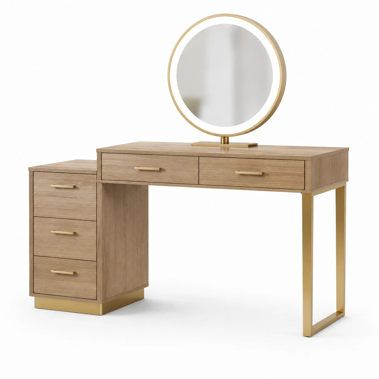 Toeletta moderna con specchio rotondo e 5 cassetti, 120 × 40 × 140 cm, rovere e dorato