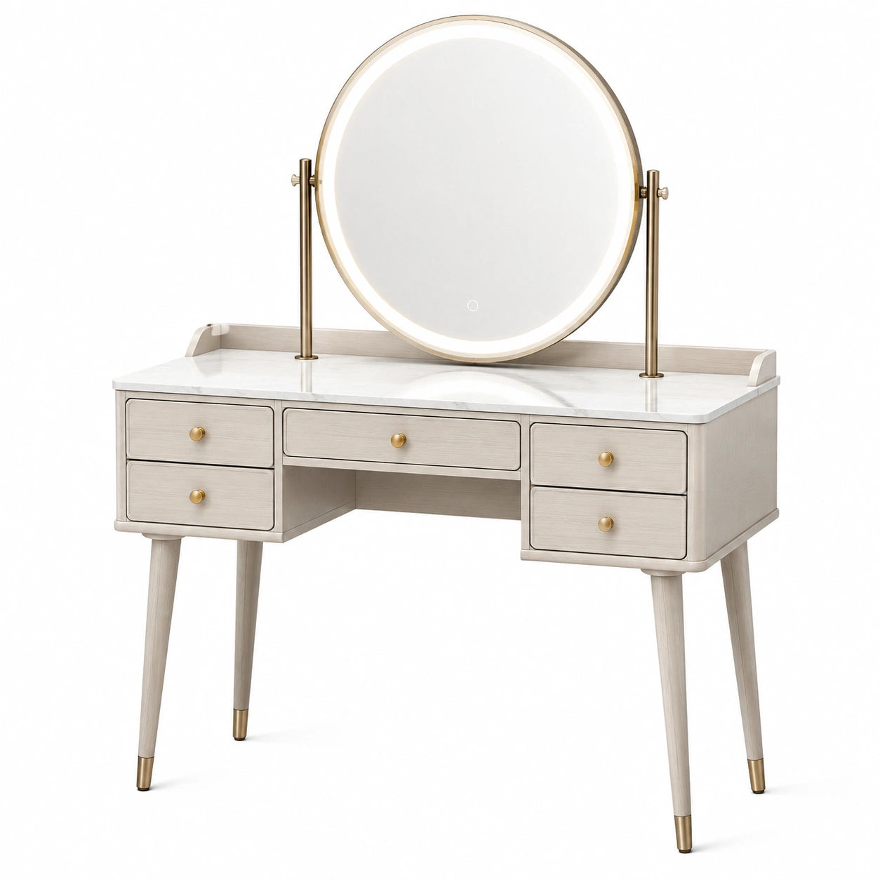 Toeletta da trucco bianca e oro 120 × 45 × 140 cm con specchio rotondo illuminato e 5 cassetti