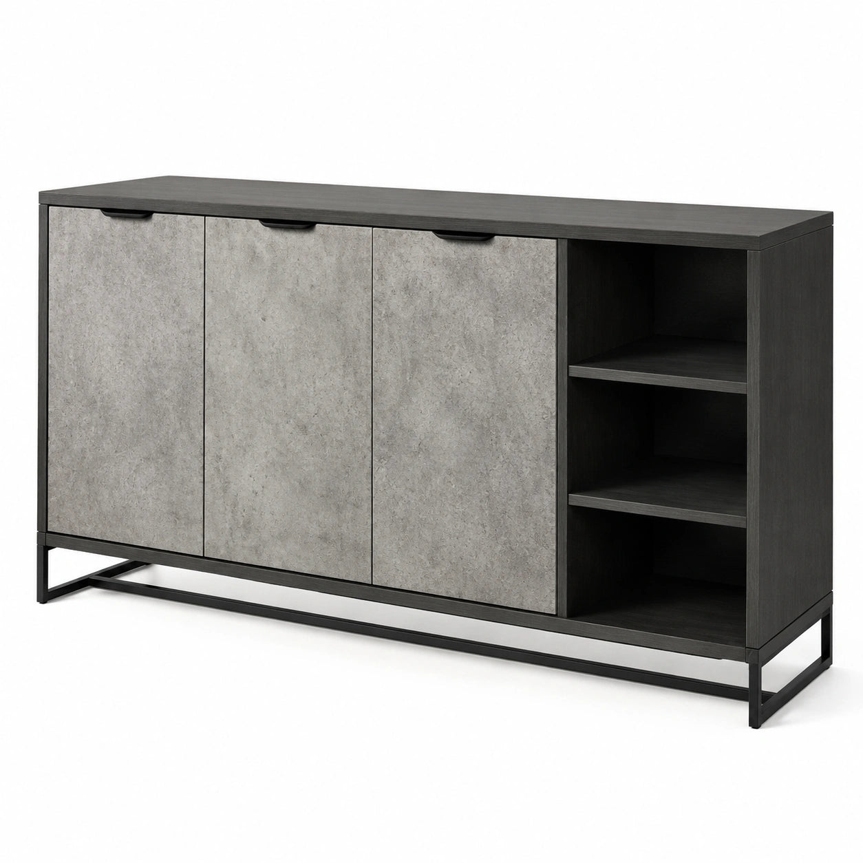 Credenza industriale con 3 ante e 3 vani a giorno, 160 × 40 × 80 cm, grigio e nero