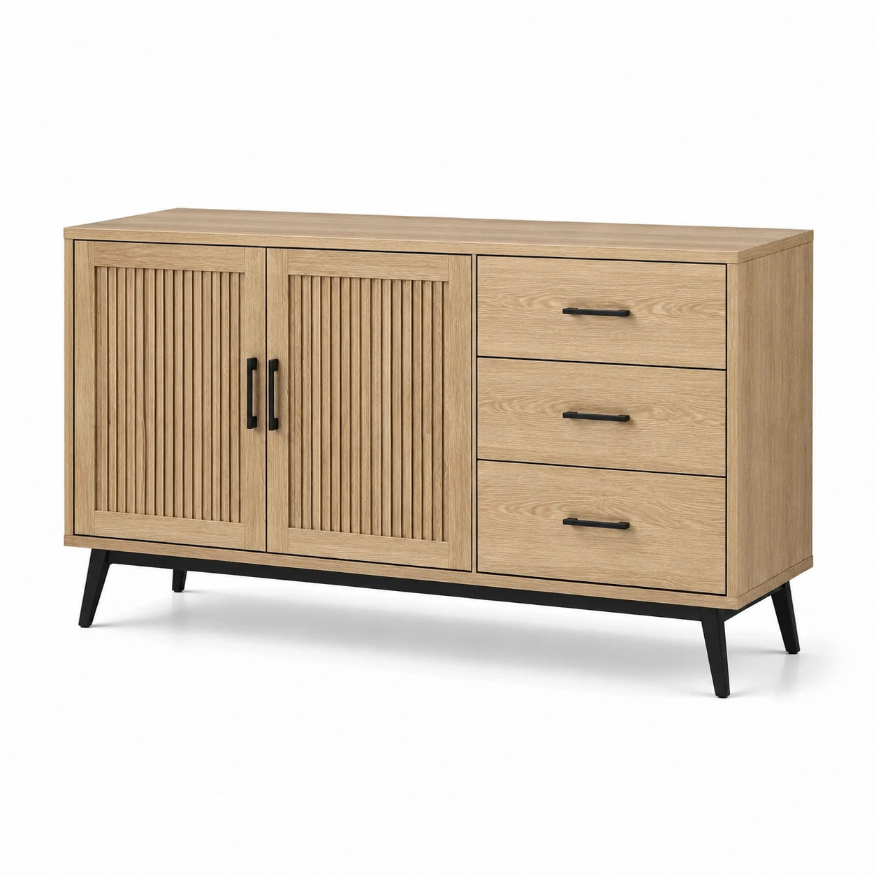 Credenza in rovere naturale e nero con 2 ante scanalate e 3 cassetti, 150 × 40 × 80 cm