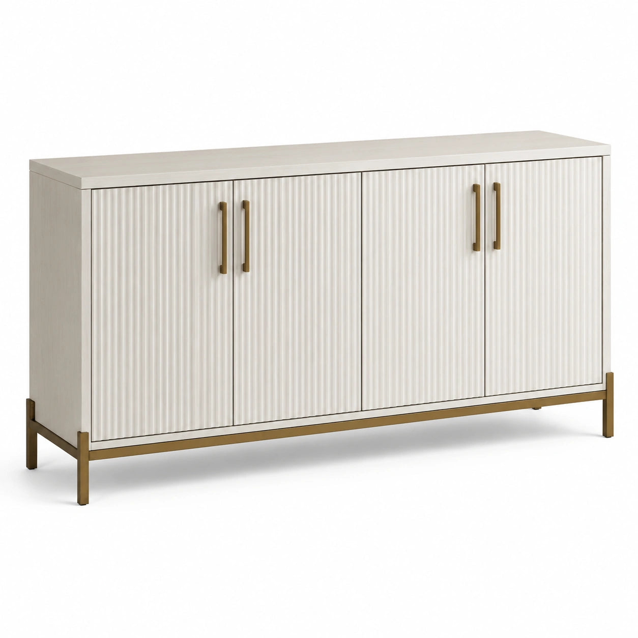 Credenza moderna a 4 ante scanalate, 160 × 40 × 85 cm, bianca con dettagli dorati