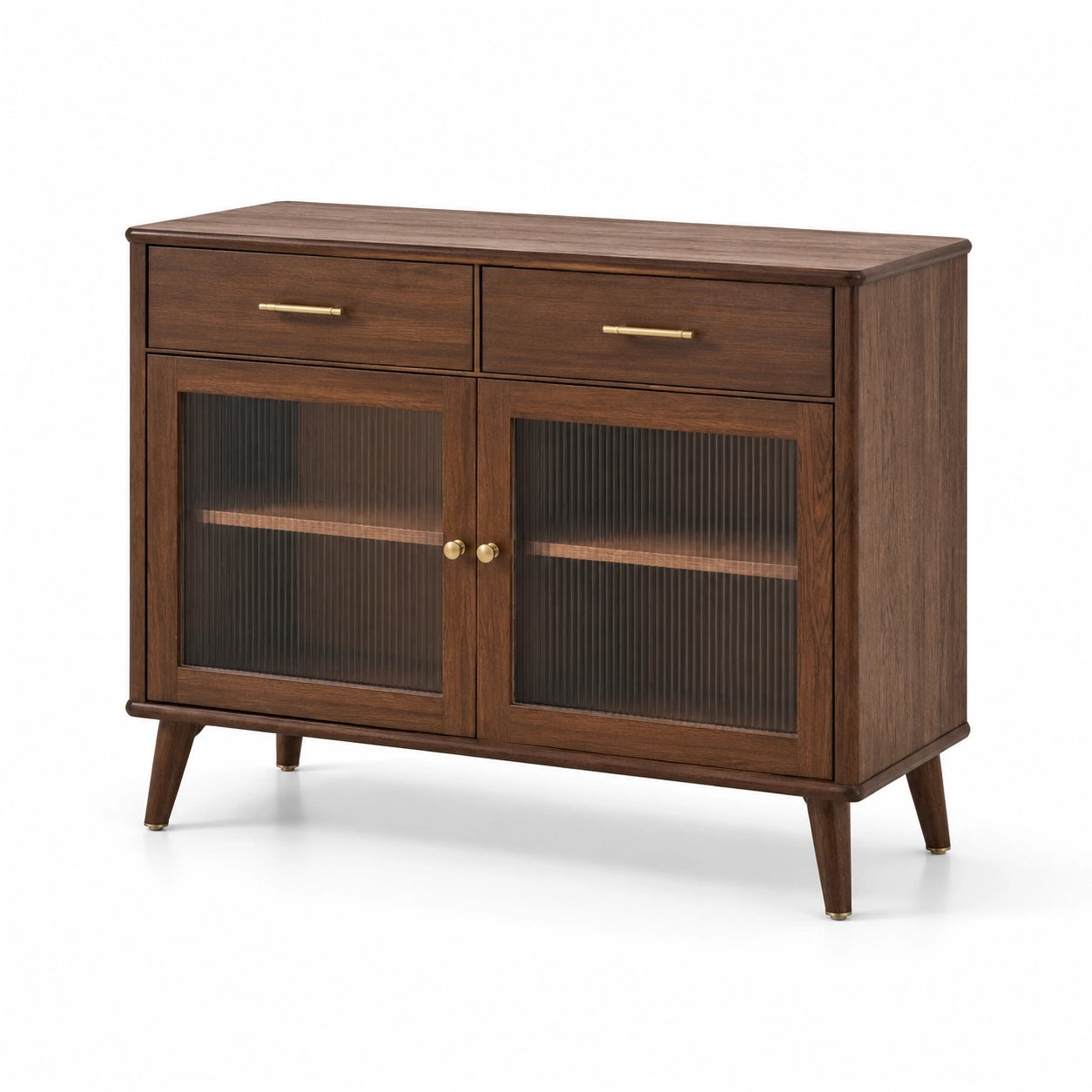 Credenza marrone effetto legno con dettagli dorati, vetro scanalato, 2 cassetti e 2 ante, 120 × 40 × 90 cm