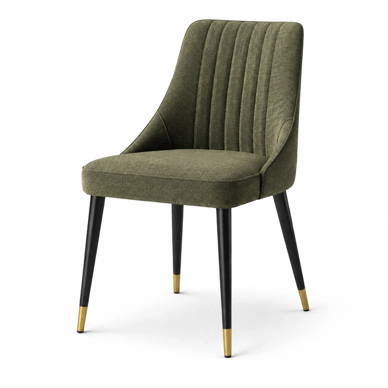 Sedia imbottita verde con schienale scanalato e gambe nere con dettagli dorati, 55 × 61 × 87 cm