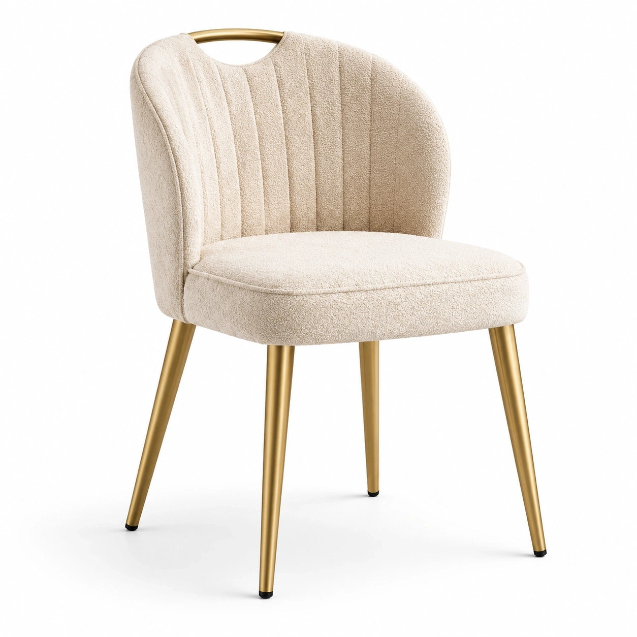 Sedia moderna imbottita in bouclé beige con gambe dorate, 58 × 61 × 82 cm