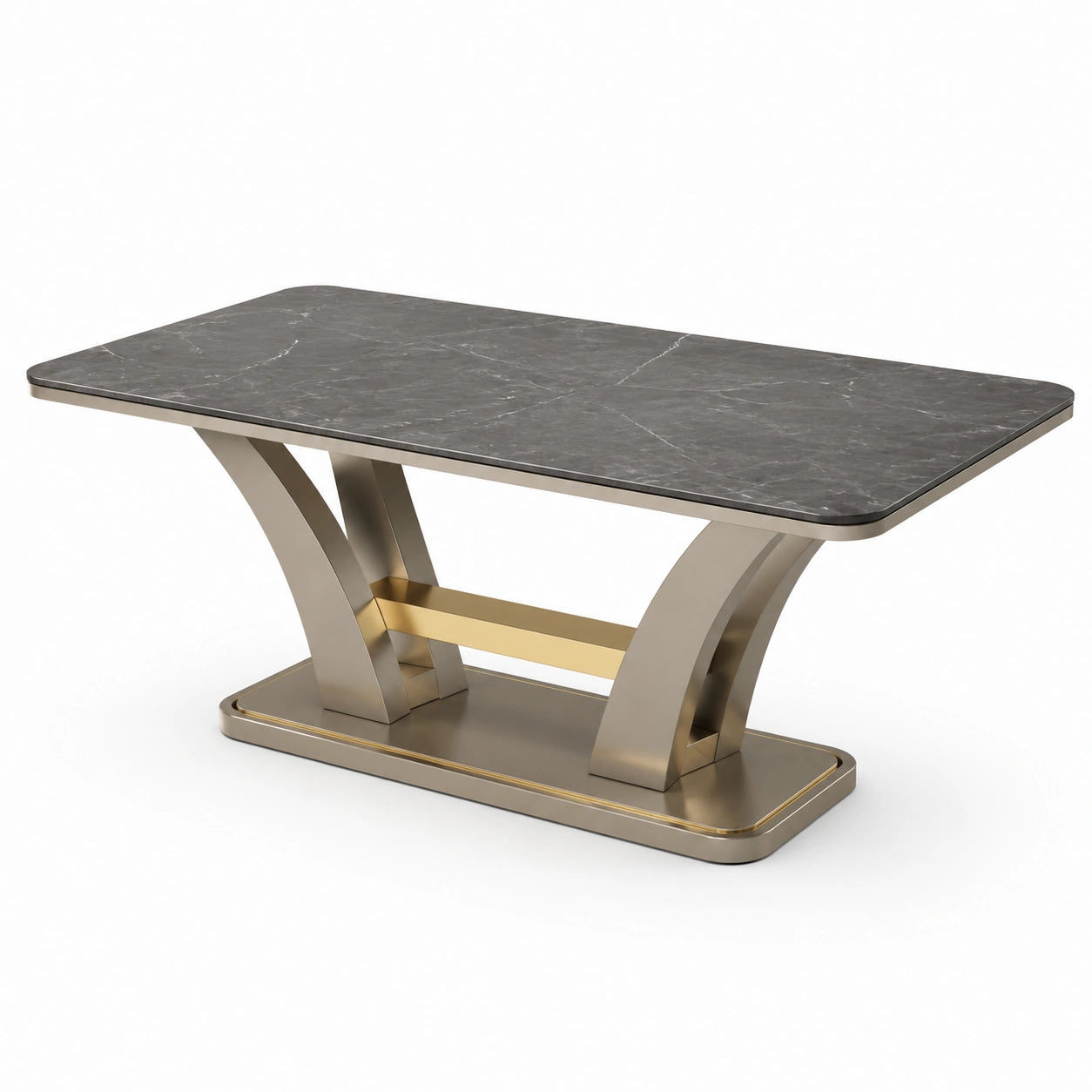 Tavolo da pranzo moderno 180 × 90 × 75 cm, grigio effetto marmo con struttura champagne e dettagli oro