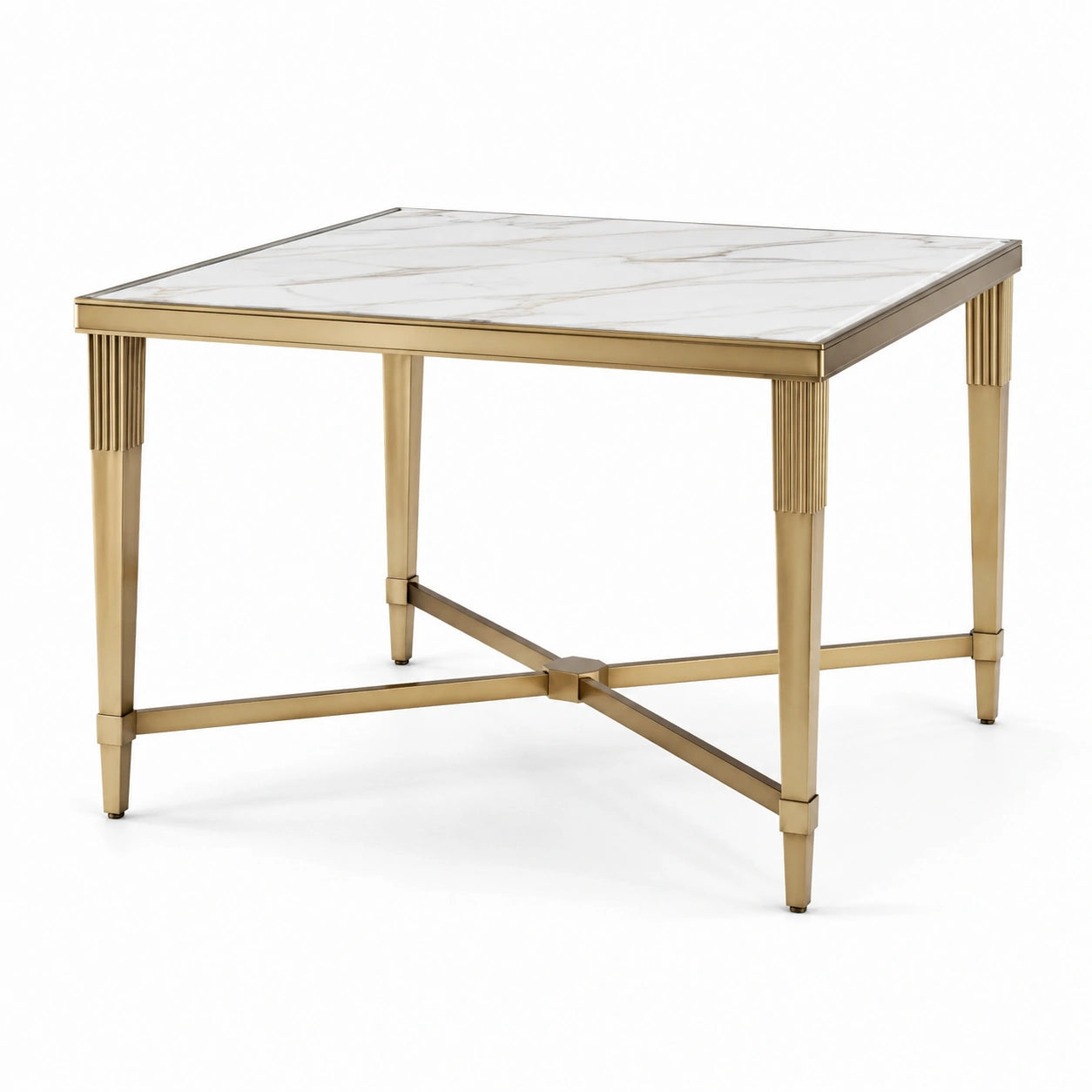 Tavolo quadrato moderno 100 × 100 × 76 cm con piano bianco effetto marmo e struttura dorata