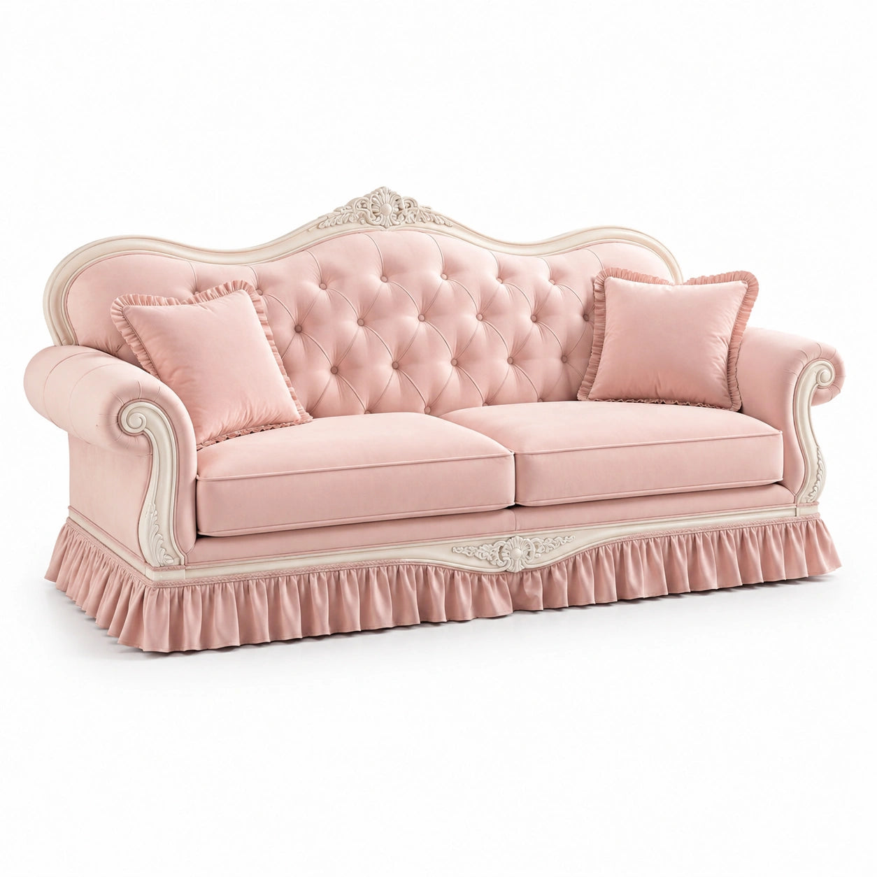 Divano 3 posti in velluto rosa e avorio 220 × 90 × 105 cm con schienale capitonné