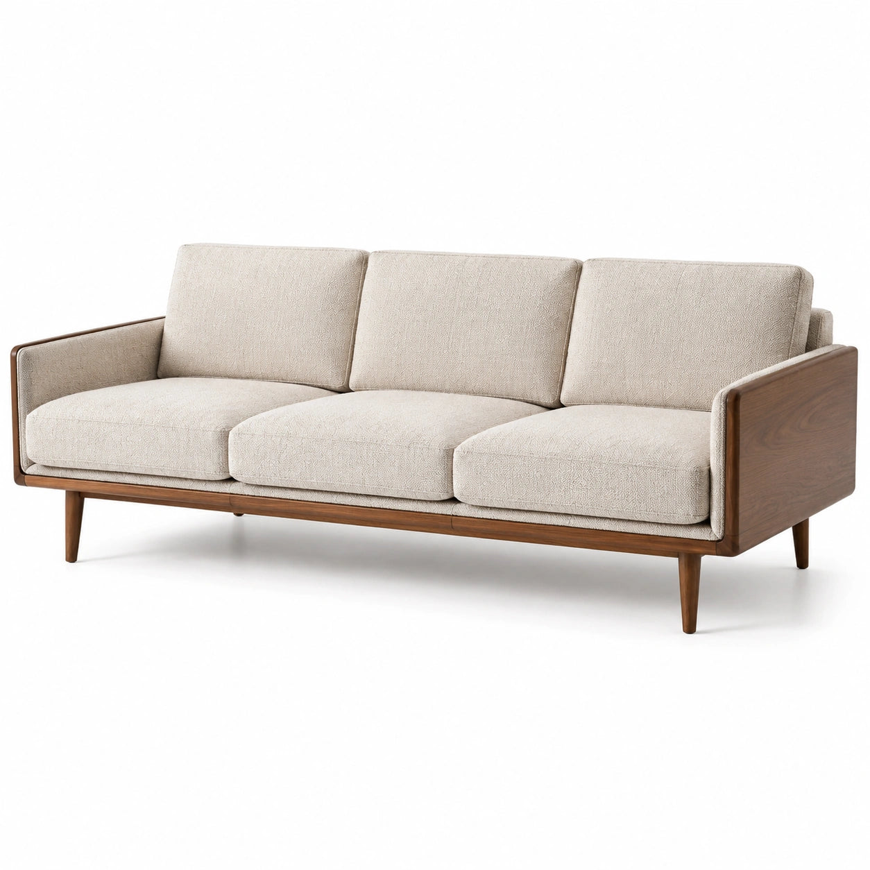 Divano moderno a 3 posti in tessuto beige e legno marrone, 210 × 84 × 82 cm